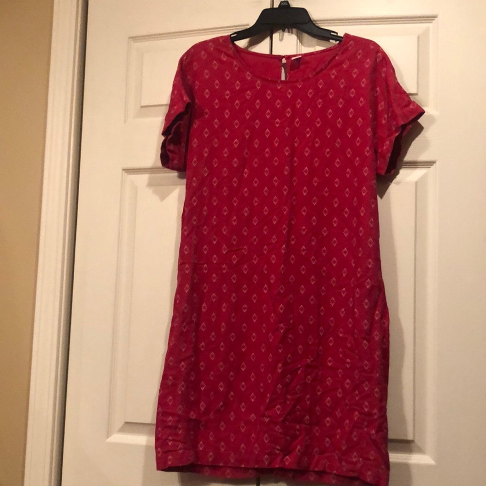 Old Navy - M - Linen - Cap Sleeve Dress -Red w/Diamond Print